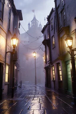 Diagon alley street at night, many houses, wet ground, pole with round light