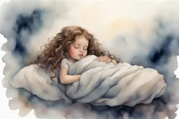 Small girl with long curly brown hair sleeping in god's hand (a big, clear hand) watercolor and ink, backlit, mist and fog