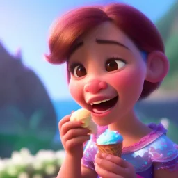 cute, adorable, smileing girl eating ice cream, candies flying all around her, Pixar, disney, cinema lighting, gaming, 8k, magic, love --q 1 --v 4