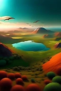 Vista aerea de paisaje real con aves volando, arboles y pastos verdes, planeta marte asomando en el cielo, montañas, clima calido, luz solar, nuboso, viento, mar azul, aureola boreal, 4d