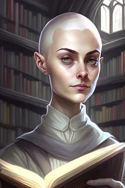 full color portrait drawing, fantasy setting, 22-year old female human cleric, shaved head, light eyebrows, grey eyes, background library