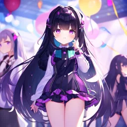 Clear focus,High resolution, Black long fluffy hair, and purple eyes, wearing a vocaloid outfit, must wear a short skirt, Loli