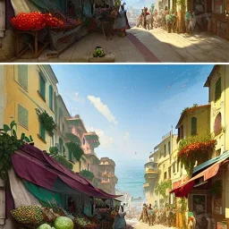 A greengrocer in colorful genoa street+Italian sea+alphonse mucha, greg rutkowski,matte painting, cryengine, hyper detailed, felix kelly, fantasy art, seb mckinnon