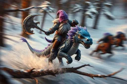 oil painting ,motion blur portrait of harpy - Forgotten Realms dodging cyberpunk armored dwarf with war half moon axe hammer with spikes, riding tiny furry blue and purple dragon above water and along winding branches in lush icy forest along speeding horses , bokeh like f/0.8, tilt-shift lens 8k, high detail, smooth render, down-light, unreal engine, prize winning