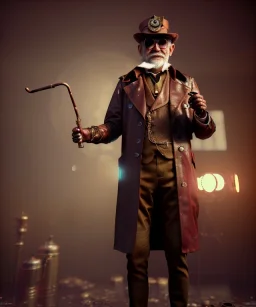 steampunk, cabaret scene. old man. Sunglasses, rain, smoking, happy, hot, people background, highly detailed, concept art, unreal engine 5, god rays, ray tracing, RTX, lumen lighting, ultra detail, volumetric lighting, 3d, finely drawn, high definition, high resolution.