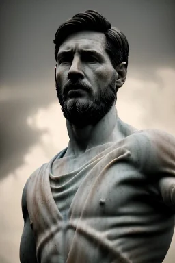 Ultra Realistic image, classical renaissance marble marble sculpture, marble material, Lionel Messi, waist up portrait, epic, celestial, cinematic lighting, God light, god rays, 4k resolution, smooth details, ornate details, soft lighting, unreal engine 5, sky background.