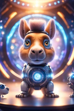 Robot hypnosis survivor at 1hit.no,book cover illustration, portrait of ultimate transcendent happy chat squirrel dog cat space hippo horse with spotlights, in front of space portal dimensional glittering device, bokeh like f/0.8, tilt-shift lens 8k, high detail, smooth render, down-light, unreal engine, prize winning