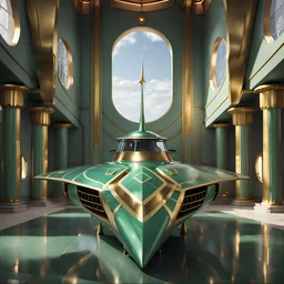 stunning hyper-realistic render of a sleek and elegant Naboo staryacht in pearlescent gasoline green with gold trim sitting in ancient jedi temple hangar, fully symmetric details