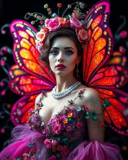 Gorgeous Realistic Photography Camera Lens soft blur Pretty European Supermodel as Beautiful Butterfly Lady, a stunning beautiful woman adorned in vibrant luxury carnival attire, ethereal beauty, black background, with swirling colors and fantastical tiny flowers, enchantment and grace, twisted vines, whimsical, surreal landscapes, emotive style, dreamlike quality, and magical realism, carnival red, ethereal pink, whimsical blue, vibrant green, celestial purple, golden amber, and shimmering