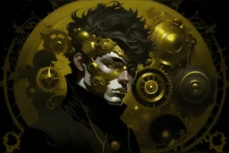 pale young man with osseous gold mask and dark clothes standing before clockwork gears and hissing steam, with no other people around, in the style of Alphonse Mucha, Raffaelle Monti, Antonio Corradini, and Gianlorenzo Bernini