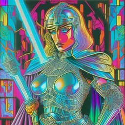 Mujer guerrera star wars gotico en armadura holográfica de vidrio psicodelia por MTV. Dibujo estilo comic pulp de 1980, barbaros. Carta coleccionable.