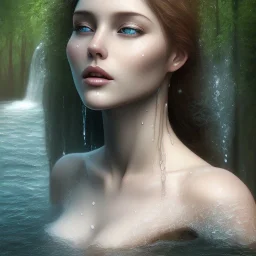 3d realistic woman under waterfall, wet , realistic, 32k, detailed, art nouveau