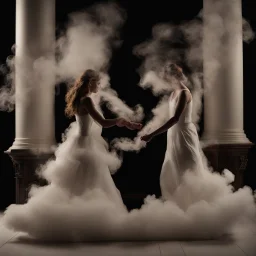 a dancing couple made of smoke, forming from a fireplace, thick smoke, puffy smoke