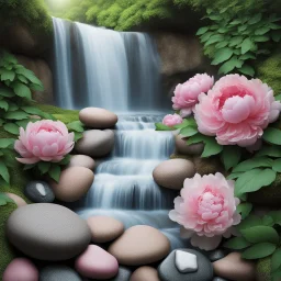 A waterfall with peonies and stones all around not only bright to remove