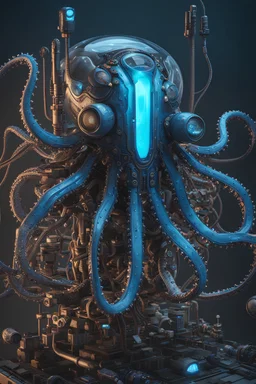 A surreal, cyberpunk mechanical octopus with a blue gel body and a flurry of intricate electronics within, rendered in hyper-realistic detail and full depth of field.