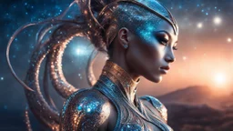 gorgeous female humanoid alien, double exposure, silver skin, slender muscular warrior looking over her shoulder at the sky, tentacles, copper-zinc orichalcum jewelry and piercings, beautiful face, mesmerizing starry eyes, smooth translucent skin, hourglass, glowing, glare, size DD.