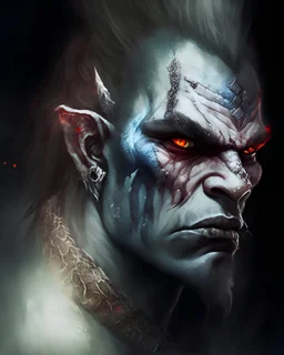 character, portrait, shoulder and head, orc, silver metallic skin, draconic, dragon details, scales, jewelry, bulk, watercolor style, paint style, dark background, volumetric light, bokeh, rage, furious, wrath, long bread hair, eye scar