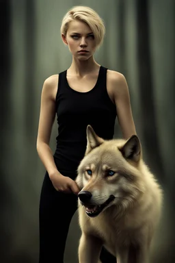 ultra realistic photograph of a very thin young woman with short blonde hair and blue eyes wearing a loose black teeshirt facing a large black wolf