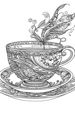 Outline art for coloring page, AVANT GARDE DRAWING TEACUP WITH SAUCER, coloring page, white background, Sketch style, only use outline, clean line art, white background, no shadows, no shading, no color, clear