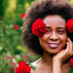 black person with red flowers