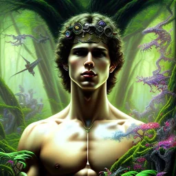 Handsome Male fae, sidhe, ominous,with abs, nature, orchids, dnd character portrait, intricate, oil on canvas, insanely detailed, 16k resolution, retroanime style, perfect eyes, round pupil, cinematic smooth, intricate detail , soft smooth lighting, soft pastel colors, painted Renaissance style