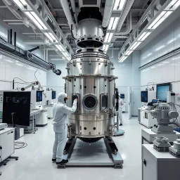 Un laboratorio ultramoderno, con pareti bianche sterili e luci intense, pieno di macchinari avanzati e bracci robotici. Tecnici in tute pressurizzate lavorano su grandi moduli metallici, destinati a viaggi spaziali, testando materiali e sistemi vitali. Monitor futuristici mostrano dati critici, mentre stampanti 3D producono parti personalizzate per missioni interstellari.