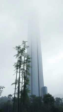 realistic photo of a tall bamboo trees in a landscape, a big building from the future with foggy clouds and gray sky