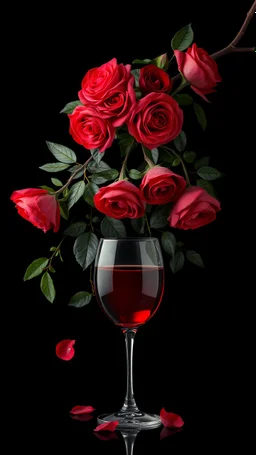 The image is a digital artwork that depicts a branch of tree of Red roses and leaves tangling down cr The background is black, which makes a branch of a tree of red roses stand out even more adding to the dreamy, ethereal quality of the image.all leaves and A big glass of red wine up in front the roses