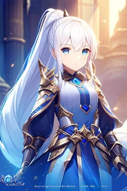 girl, masterpiece, best quality, cinematic lighting, detailed outfit, perfect eyes, white hair, blue eyes, long hair, ponytail, Detailed portrait of a young woman in an armored outfit, set in a fantasy world, dramatic lighting, digital art, with a cinematic feel,