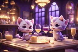 cute chibi kittens drinking champagne in a beautiful dessert shop in purple in lamplight Weight:1 3D Game Cinematic Feel, Epic 3D Videogame Graphics, Intricately Detailed, 8K Resolution, Dynamic Lighting, Unreal Engine 5, CryEngine, Trending on ArtStation, HDR, 3D Masterpiece, Unity Render, Perfect Composition Weight:0.9