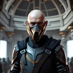 bald male corellian jedi wearing gunmetal grey and black old republic armored flightsuit and breath mask with gold and metallic red trim inside the jedi temple, centered head and shoulders portrait, hyperdetailed, dynamic lighting, hyperdetailed background, 8k resolution, volumetric lighting, light skin, fully symmetric details