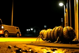 anthropomorphic pumpkin centipede hybrid hiding behind dumpster in a Wal-Mart parking lot at night, horror, dashboard cam, high film grain, low contrast, night vision