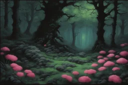 Night, trees, flowers, japanese manga style, horror gothic fantasy spring, rocks, friedrich eckenfelder paintings