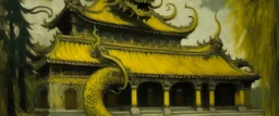 A dark grayish yellow Chinese dragon palace in daylight painted by Vincent van Gogh