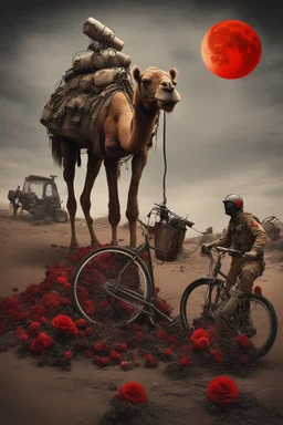 A weird abstract image of an oasis, a camel, astronot, broken bicycle, bush of black old roses, clear skies with red moon, army tanker, weird, chaos80, surrealism