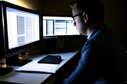 Someone sitting in front of a computer checking information and sources.