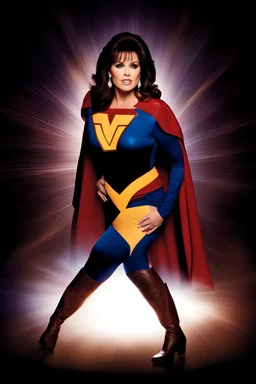 dark brown wood panel background with an overhead spotlight effect, Marie Osmond wearing a superhero costume, full color -- Absolute Reality v6, Absolute reality, Realism Engine XL - v1
