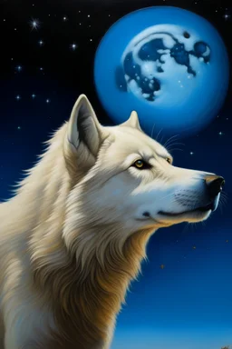 loup blanc regardant a droite la lune dans un ciel bleu cristal avec des etoiles couleur or