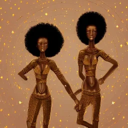 Biologically Female Twins, black skin, tall and slender, long afro kinky hair,big brown eyes, warrior wear. Gold accents on clothing. Surround by trees. Holding golden spears. Starry night