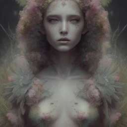 Portrait of beautiful girl, plant, metal, feathers, Dryad, fae, sidhe, ominous, nature, plants, wildflower, facepaint, dnd character portrait, intricate, oil on canvas, masterpiece, expert, insanely detailed, 4k resolution, retroanime style, cute big circular reflective eyes, cinematic smooth, intricate detail , soft smooth lighting, soft pastel colors, painted Renaissance style, 800mm lens