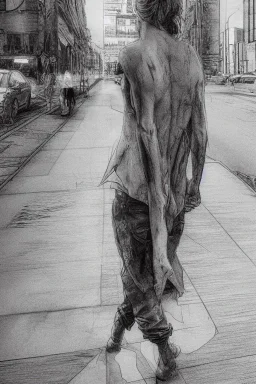 street, god walking, model style, hyper realistic, accurate, delicate, extremely detailed, Graphic novel style, wide-angle, front view, open aperture, superfine pencil