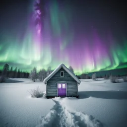 analog film minimal liminal icy a frame dimly lit cabin front elevation squared off and centered with icy trees behind and brilliant purple green aurora borealis - foreground is simple snowy field