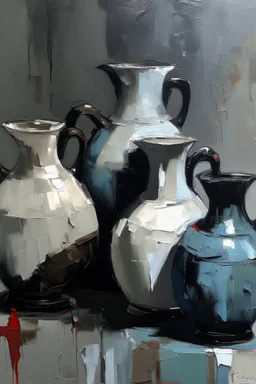 Thick impasto Oil painting of Vases and jugs in the style of Jeremy Mann
