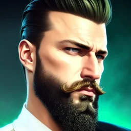 "MIddle aged white human male, with a trimmed but uneven beard, piercing green eyes with slick back hair,complete head and shoulders portrait, 8k resolution concept art portrait by Greg Rutkowski, Artgerm, WLOP, Alphonse Mucha dynamic lighting hyperdetailed intricately detailed Splash art trending on Artstation triadic colors Unreal Engine 5 volumetric lighting Splash art fantasy"