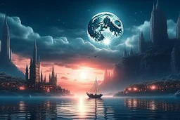 moon, clouds, distant city, lake, sci-fi, boat, epic