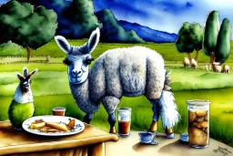 Cute llama is having breakfast. Aquarell