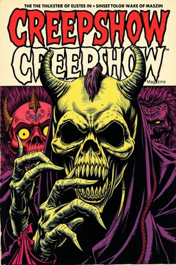 Cover of text "CREEPSHOW" Magazine, "Sinister Festival of Masks" story, Eldritch, sharp colors, high contrast, vintage horror, by Bill Elder, by John Buscema, by Brian Ewing, ultra detailed, retro pulp magazine cover, ink illustration, dramatic, visceral style, creepy, weird, lovecraftian, "CREEPSHOW"