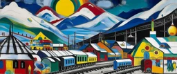 A white mountain with a train station painted by Wassily Kandinsky