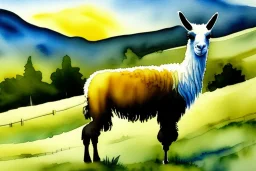 A happy llama stands in a pasture. Watercolour