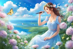 romantic environment heaven flowers clear nice clouds ,young girl singing her love story